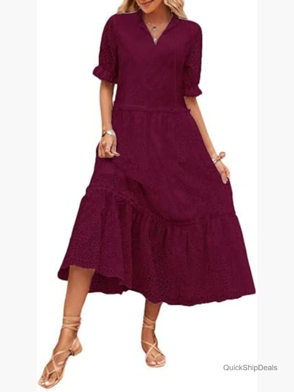 Boho Embroidery Eyelet Tiered Midi Dress V-Neck A-Line